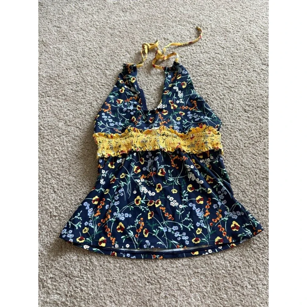 Anne Cole Navy Floral Halter Tankini Top with Yellow Smocked Waist Detail Size S